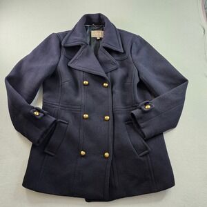 Banana Republic Double Breasted Peacoat Women Sz 16 Navy Wool Gold Lion Buttons
